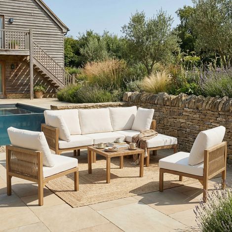 Modulares 5-Sitzer-Gartenmöbelset, verzinktes Eisengestell, bequeme Kissen, natürliches Design, Beige und Holz, für Terrasse und Balkon