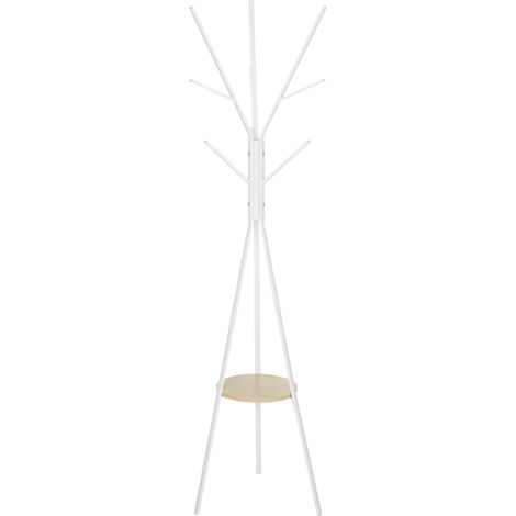 HOMCOM Moderne Dreibein-Garderobe mit Ablageflächen und 9 Haken, 45 x 45 x 180 cm, weißes Metall