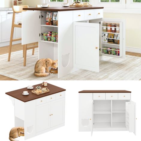 Îlot de cuisine, desserte et buffet avec tiroirs – avec plan de travail coulissant, étagère à épices, espace pour nourrir les animaux (sans gamelle pour chat), coloris blanc et noyer, 120 × (40 + 30) (1/5)
