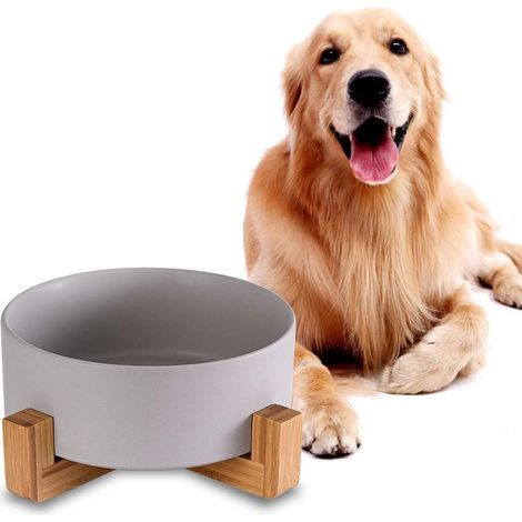 Gray Pet Dog Bowls, Large Ceramic Dog Bowl Ø 21.5 cm with Bamboo Stand, Non-Slip Anti-Spill Dog Bowl for Water and Food, Large Capacity, 1800 ML Gray (1/5)