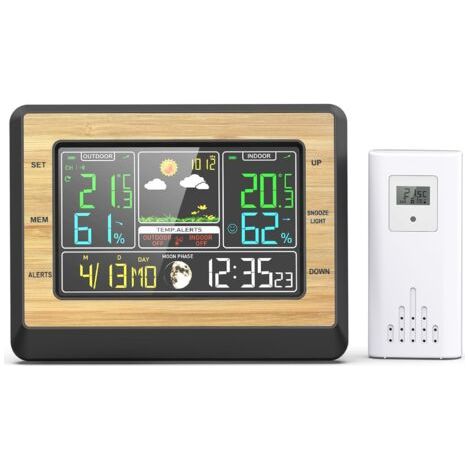 Station Météo LCD Écran 6 Pouces Interieur Exterieur Sans Fil,Alarme de Température/Humidité, Réveil Snooze,un Capteur, Convient pour Bureau, Chambre de Bébé,Jaune