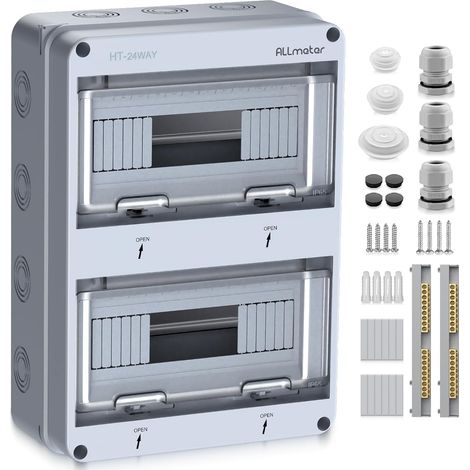 Tableau électrique 2 rangées Pour 24 modules, Coffret Electrique Etanche IP65, Boîte à Fusibles Distributeur en Saillie avec Terminaux et Rails Intégrés pour intérieur et extérieur (1/5)