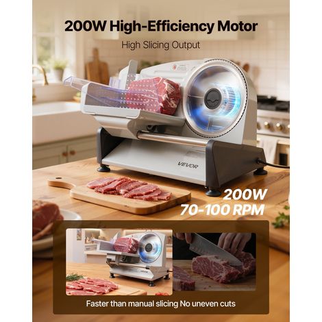Trancheuse Électrique 200 W, Coupe Viande avec Lame Tranchante de 190 mm, Vitesse de Coupe 70-100 tr/min, Épaisseur Réglable 0-15 mm, pour Viande Congelée, Jambon, Baguette et Steaks, Cuisine (1/5)