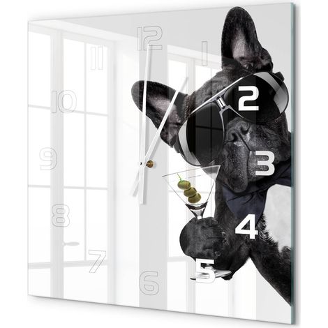 Grande Horloge Murale Carrée Décorative en Verre Trempé Silencieuse pour Chambre Chien martini 60x60 cm (1/5)