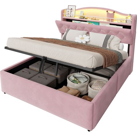 Lit Coffre Lit Double avec LED, USB, USB-C et Rangement Tête de Lit 140 x 200 cm, sans Matelas, Rose (1/5)