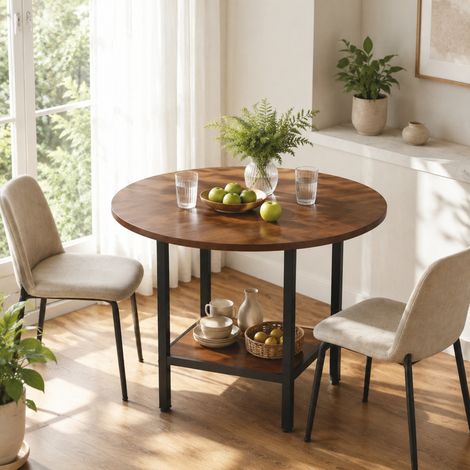 Table ronde 100x100x77 cm en MDF et métal marron avec rangement, pour petits espaces – MEUBLIV (1/5)