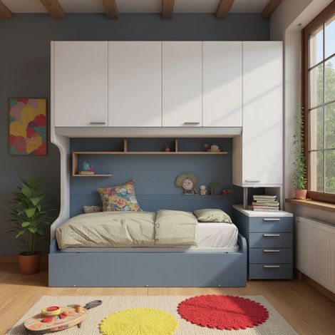 Cameretta a ponte con letto estraibile e spazio intelligente - Bianco e Avio