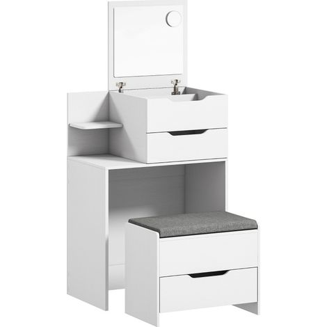 Tocador 60 x 40 x 129,8 cm con espejo abatible y taburete acolchado, madera blanca (1/5)