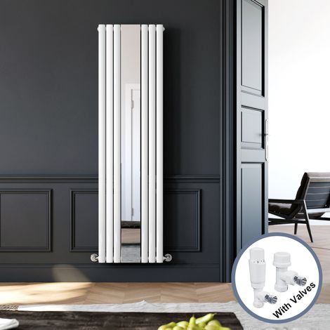 ELEGANT 1800 x 499 mm Vertical Mirror Radiator Designer Oval Column Panel Central Heating Radiators (White) + White Thermostatic Radiator Valves (1/5)