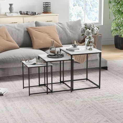 Tables d'appoint gigognes pour salon, ensemble de 3 tables gigognes effet marbre et structure en acier pour chambre, blanches