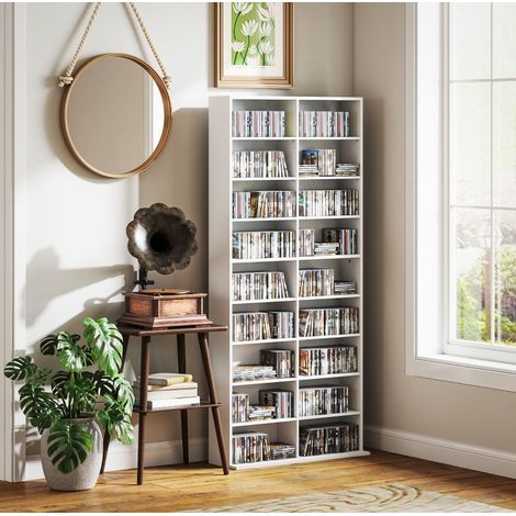 Meuble CD/DVD 78,5x24x175 cm en panneaux de particules blanc, 14 niches, gain de place – MEUBLIV (1/5)
