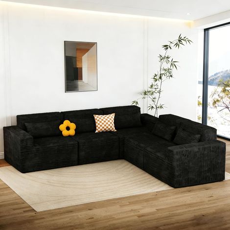 Modular Sofa 258cm Boneless Cloud Couch L Shaped Couch Corner Sofa Memory Foam Corduroy Wide Armrest Deep Seat Pillow Bottom Anti-Slip Living Room Bedroom No Assembly Required Black 5 Seater