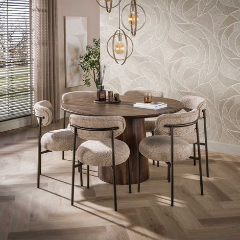 Table ronde 130cm en acacia brun + 6 chaises en tissu bouclette sable (1/5)