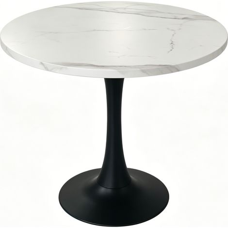 Mesa de comedor redonda de 80 cm MDF y metal con efecto mármol blanco (1/5)