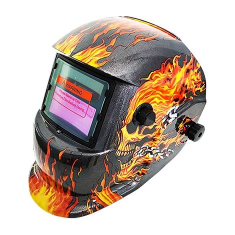 [JAMAIS UTILISÉ] Casque de soudage à obscurcissement automatique, motif tête de mort enflammée, cagoule de soudage avec capteurs, alimentée par énergie solaire, avec plage de teintes réglable, grade 6