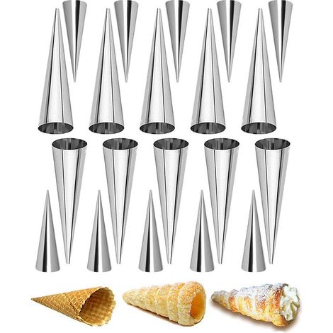Moldes para pan de 20 piezas, 10 conos pequeños y 10 conos grandes, bollos de crema, croissants, bollos canori y conos de helado, Plateado (1/5)