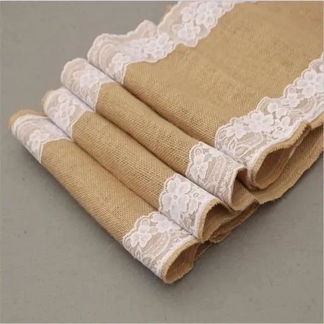 Chemin de table - Toile de jute et dentelle - 30 x 275 cm - 3 pièces - Style Campagne (1/4)