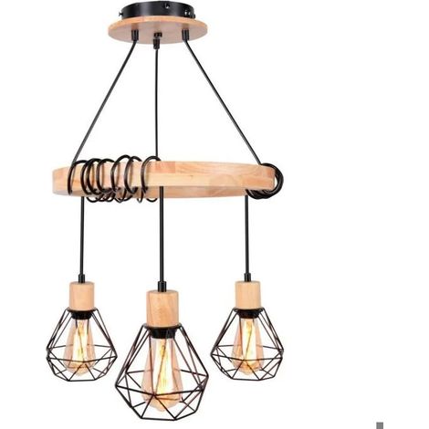 Lampe Suspension Vintage,Plafonnier Retro en Cage avec Anneau en Bois 40CM Lustre Abat-jour Metal pour Salon Chambre,3lampes (1/5)