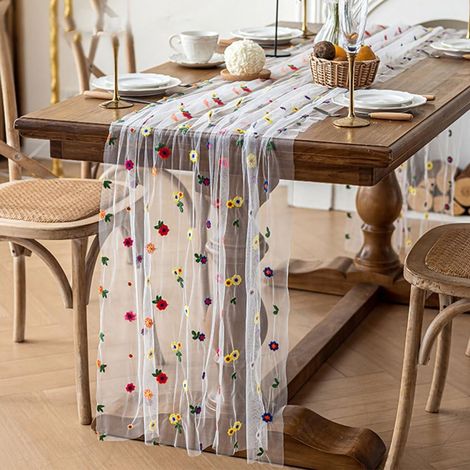 Chemin de Table Floral Elégante Bohème, Nappe Brodée de Marguerites Vintage, Chemin de Table à Wildflower, pour Mariage Rustique (300 x 70 cm)