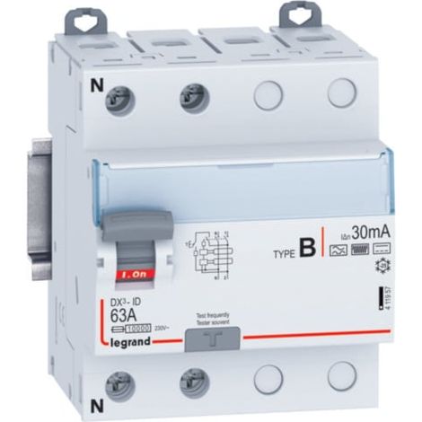 Interrupteur différentiel DX³-ID arrivée haute et départ bas par bornes à vis - 2P 230V 63A TypeB 30mA - 4 modules - LEGRAND