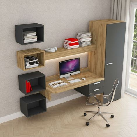 Scrivania sospesa design con mensola luminosa, pensili e armadio - Quercia e basalto (1/5)