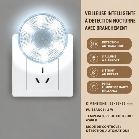 Veilleuse LED à détecteur de mouvement à brancher 3W 220V lumière blanche réf 3912 5,7 × 5,7 × 5,5 cm 38 g – Livraison gratuite