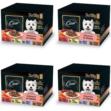 Cesar Selezione in Salsa, Cibo Umido per Cani, Gusti Assortiti con Carne e Verdure, 96 Bustine da 100 g, Totale 9.6 kg (1/5)