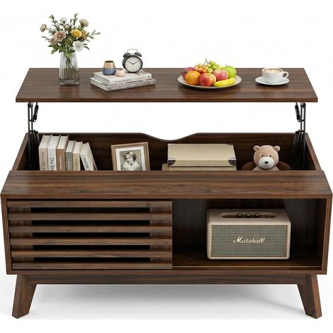 Table basse relevable style rétro, 90x55 cm, plateau réglable en hauteur, avec porte coulissante à lattes, finition noyer, meuble de salon