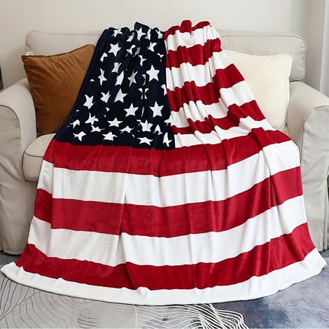 Couverture En Flanelle - Drapeau Américain Imprimé - Pour Lit Canapé Chaise Camping Bureau - 1 Pièce (1/5)
