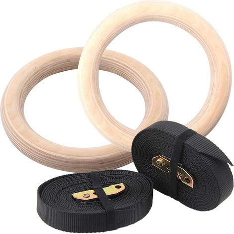 2 anneaux de gymnastique en bois avec sangles en nylon réglables (1/5)