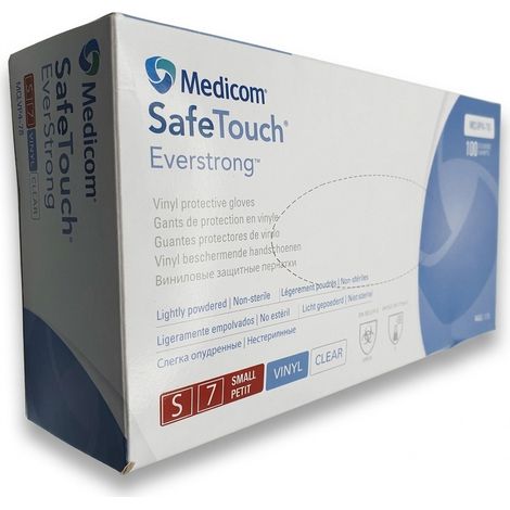 MEDICOM - Gants de protection - SafeTouch EverStrong - Taille S 7 - Vinyle - 100 unités - Transparent - Légèrement poudrés - REF MCLVP4-7S - EAN 3700381522098 - Sans latex - Protection virus et chimiq (1/5)