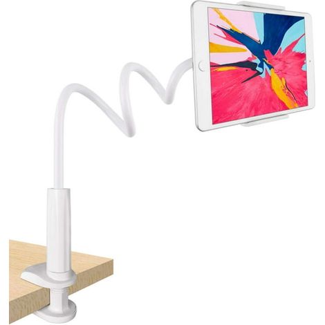 Support tablette iPad bras flexible 76cm blanc, support à col de cygne pour lit, compatible iPhone, Samsung Galaxy Tab, Kindle Fire, Switch, appareils 4-10,6 pouces, pince réglable (1/5)
