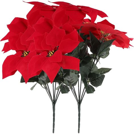 Fleurs Artificielles Décor Réaliste Lot de 2 Poinsettia Rouges en Soie Tige Longue Conservation sans Décoloration pour Jardin et Fête (1/5)
