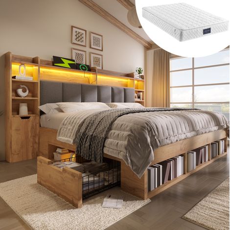 Letto matrimoniale 160x200 cm rovere in legno con testiera imbottita, LED, USB-C e cassetti (1/5)