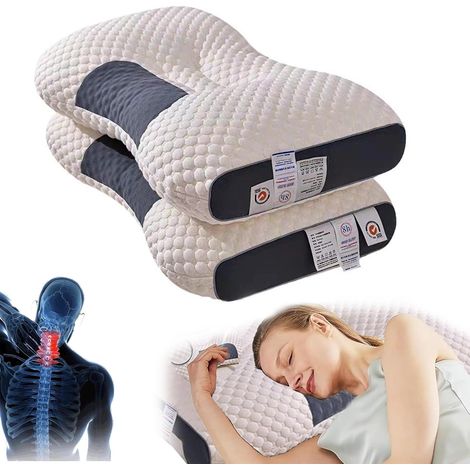 Oreiller cervical tricoté respirant en 2 pcs,oreiller en fibre de polyester lavable, protection du cou zonée,conception ergonomique concave et convexe (1/5)