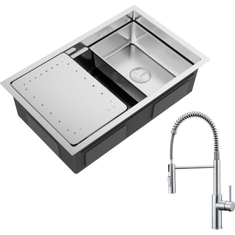 Cecipa Lavello Cucina 1 Vasca 70×44 cm con Gocciolatoio e Vasca Lavello Incasso Acciaio Inox Spazzolato + Miscelatore Cucina Spring con Doccetta Estraibile, Spazzolato (1/5)