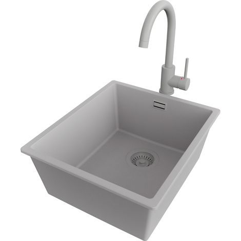 PRIMAGRAN Evier Cuisine en Granit 41x47cm,Lavabo 1 bac + Robinet 32x20cm + Kit de Vidage, Évier à Encastrer au meuble 45cm - London Slim, Gris (1/5)