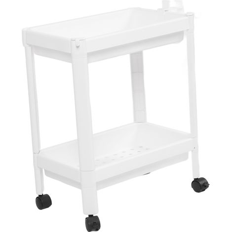 Tour de rangement en plastique autoportante pour salle de bain, meuble de rangement multifonctionnel blanc à 2 niveaux (avec roulettes) pour salon, chambre et cuisine. (1/5)