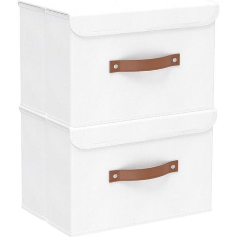 Lot de 2 Boîte de rangement, Pliable, Tissu, Couvercle, Poignées, 38x25x25cm, Blanc, Pour vêtements, Serviettes