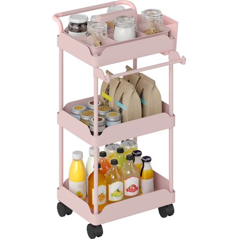 Carrello ausiliario a tre ripiani con ruote, carrello da cucina con cestini rimovibili e portasciugamani, rosa