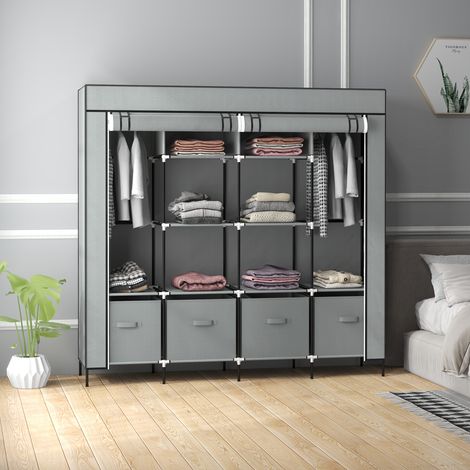Armoire de rangement en non-tissé gris foncé, 10 casiers + 4 tiroirs, penderie intégrée, idéale pour chambre ou couloir
