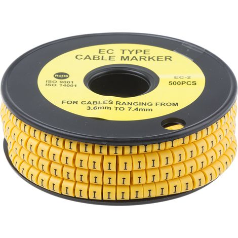 Repère câble , Ø câble 3.6  7.4mm, texte : I, Noir sur Jaune ( Prix pour Bobine de 500 )