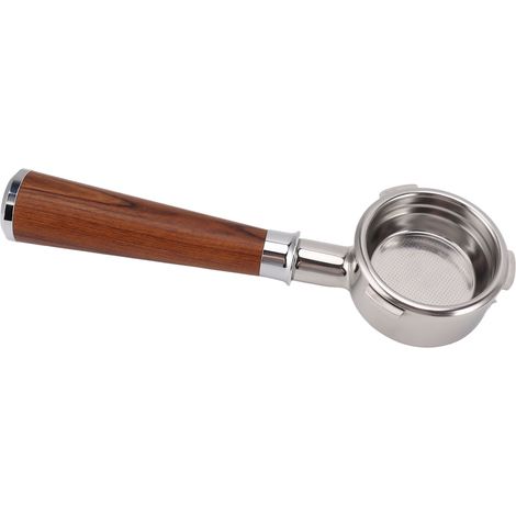 Porte-filtre sans fond de 58 mm, 3 oreilles, en acier inoxydable, manche en bois massif, pour machine à café Barsetto, style séquoia. (1/5)