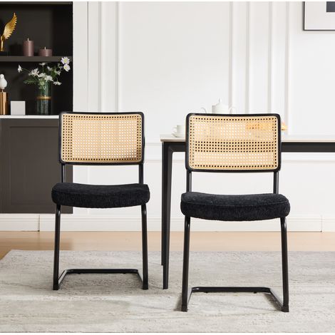 Silla de comedor industrial vintage, respaldo de ratán sintético, asiento de chenilla, metal negro. (1/5)