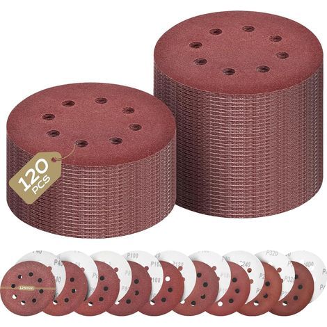 Disque Abrasif 125mm Grain Mixte 40/60/80/100/150/240/320/400 15 de Chaque Papier Poncer 120 Pièces 8 Trous Papier de verre (1/5)