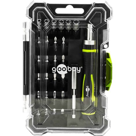 goobay Juego de destornilladores 26 piezas con mango de carraca, 20 puntas y 6 vasos de acero S2, extensión magnética y caja apilable para reparaciones y trabajos de precisión, 77840