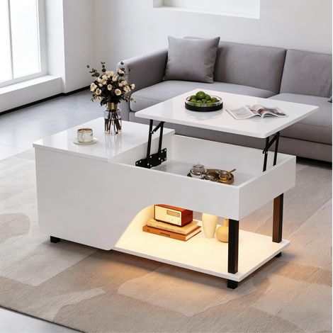 Table basse relevable avec rangement caché et éclairage LED, 100 x 50 cm, blanc HAVRYA (1/5)