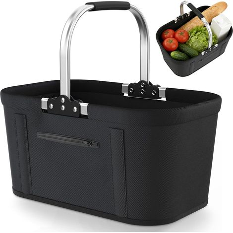 Panier de courses pliable, 30 l, grand panier de pique-nique, panier de transport, pratique avec barres en aluminium, sac de courses familial pour camping, pique-nique (noir) (1/5)