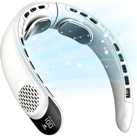Ventilateur de cou portable, 3 vitesses, silencieux et puissant, sans pales, avec affichage LED, rechargeable, idéal pour l'extérieur, les voyages, le bureau et le sport. (1/5)