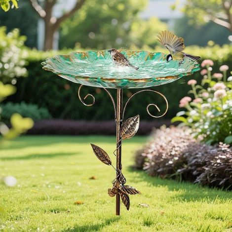 Abreuvoir à oiseaux d'extérieur, 76 cm de haut, avec mangeoire et piquet métallique pour le sol, pour jardin, cour ou terrasse, vert (1/5)